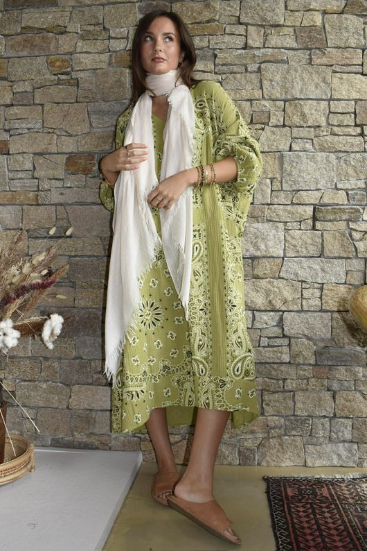 Kasbah Bubble Cotton Bandana Peasant Dress Olive